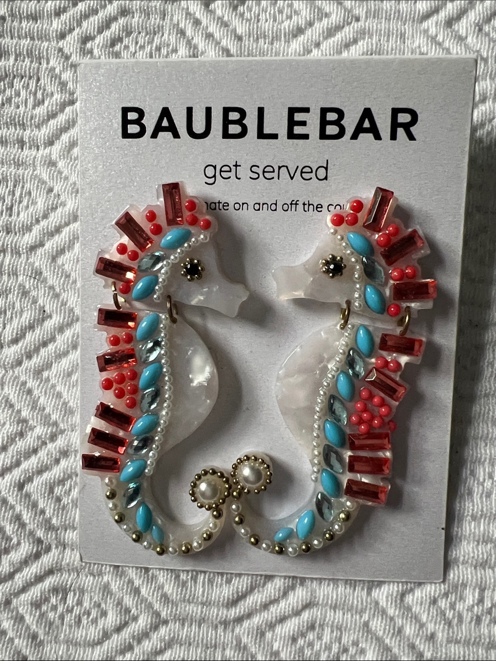 BaubleBar White Seahorse Earrings with Red and Turquoise Accents